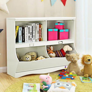 Kids storage unit toy organizer and bookshelf for children, shown from angle 2, perfect for keeping toys and books tidy.