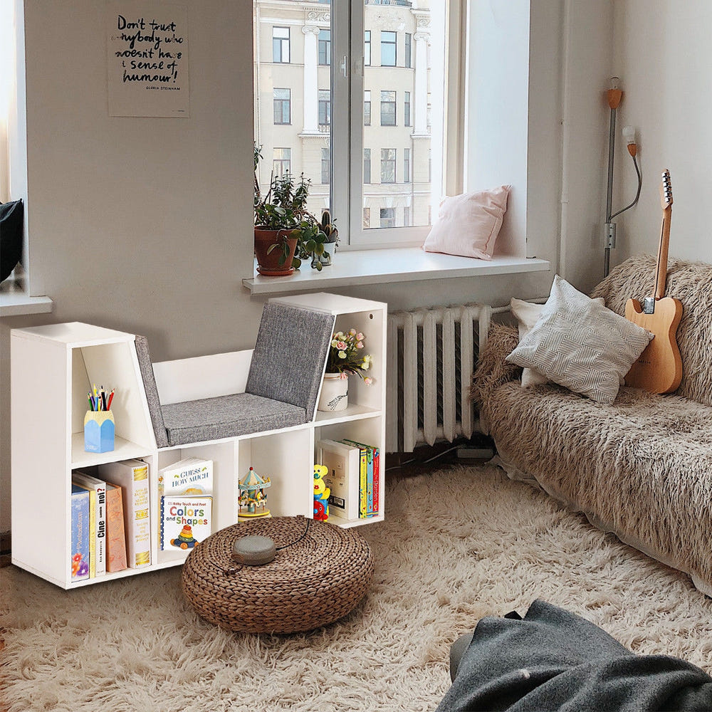 6-Cubby Kid Storage Bookcase with Cushioned Reading Nook for organized play and cozy reading time.