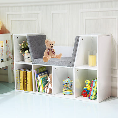 6-Cubby Kid Storage Bookcase with Cushioned Reading Nook for organized play and cozy reading time.