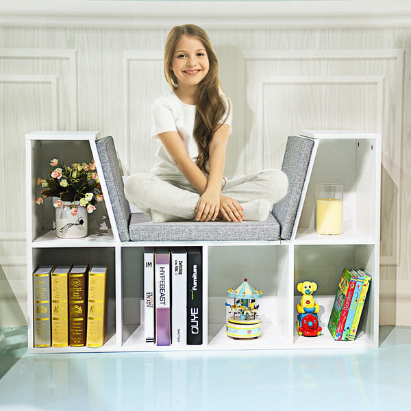 6-cubby kid storage bookcase with cushioned reading nook, perfect for organizing toys and books in a child's room.