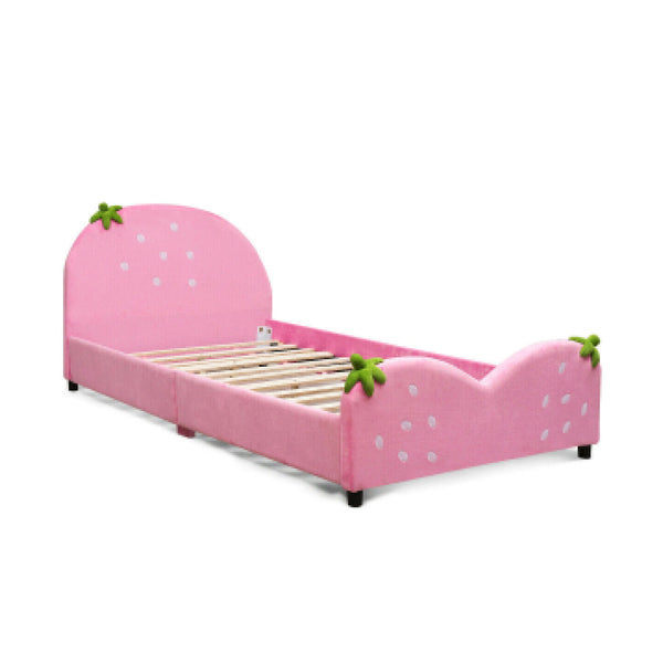 Kids upholstered toddler bed with berry pattern, perfect for playtime and sweet dreams. Angle 3 view.