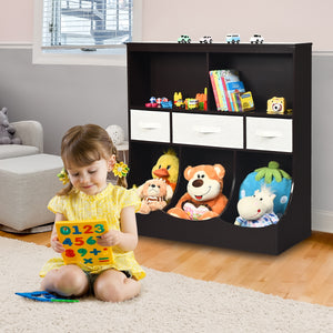 Freestanding combo cubby bin storage organizer unit with 3 baskets for baby room organization.