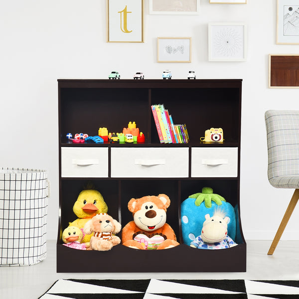 Freestanding combo cubby bin storage organizer unit with 3 baskets, perfect for baby room organization.