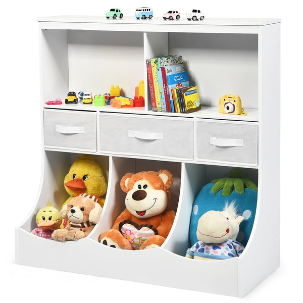 Freestanding cubby bin storage organizer unit with 3 baskets for baby room organization.