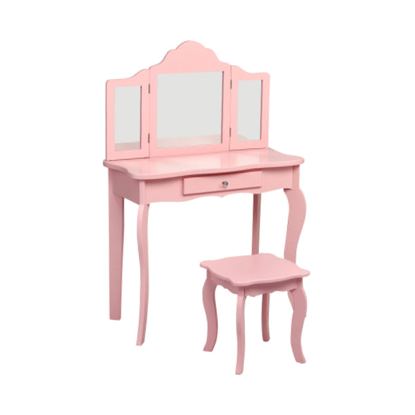 Kids makeup dressing mirror vanity table set with stool, perfect for little ones to play and explore their creativity.