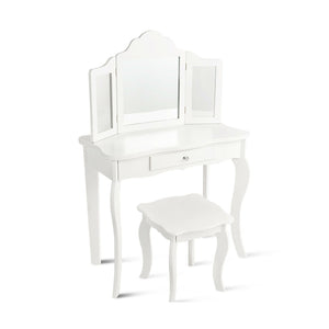 Kids makeup vanity table set with mirror and stool, perfect for imaginative play. Angle view showcasing design and features.