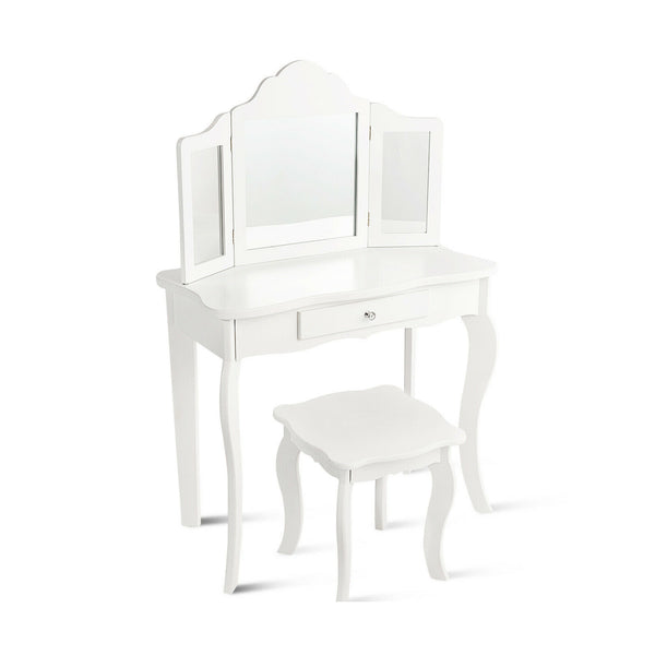 Kids makeup vanity table set with mirror and stool, perfect for imaginative play. Angle view showcasing design and features.