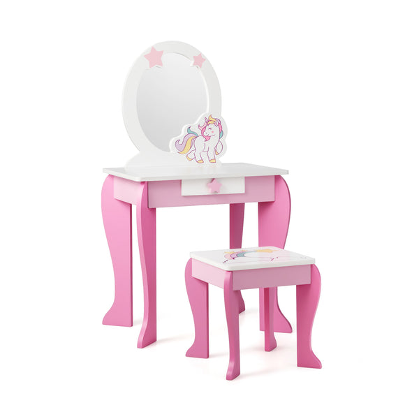 Kids wooden makeup dressing table and chair set with mirror and drawer, perfect for imaginative play.