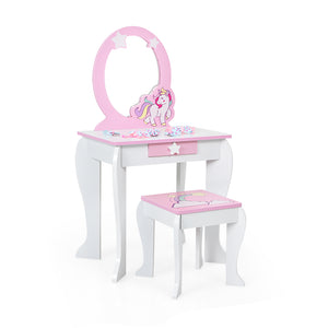 Kids wooden makeup dressing table and chair set with mirror and drawer, perfect for imaginative play.