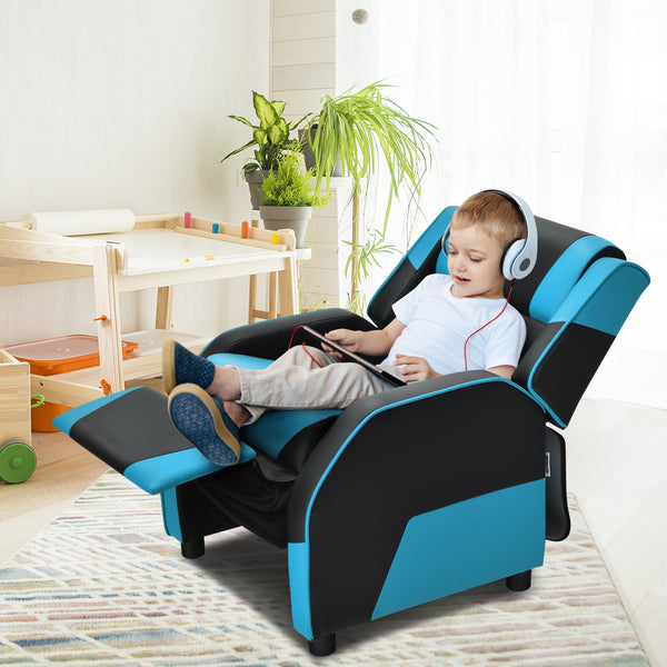Kids youth PU leather gaming sofa recliner with headrest and footrest, perfect for comfort and style in bedding and sleep.