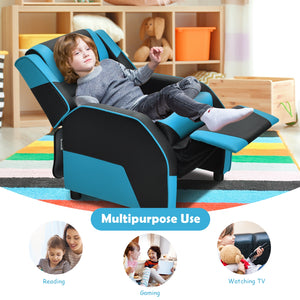Kids PU leather gaming sofa recliner with headrest and footrest, perfect for comfortable play and sleep.