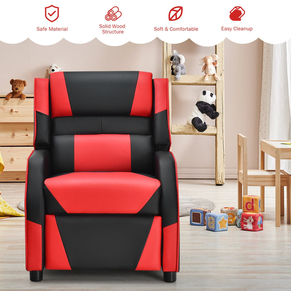 Kids PU leather gaming sofa recliner with headrest and footrest, perfect for comfortable play and sleep. Angle 23 view.