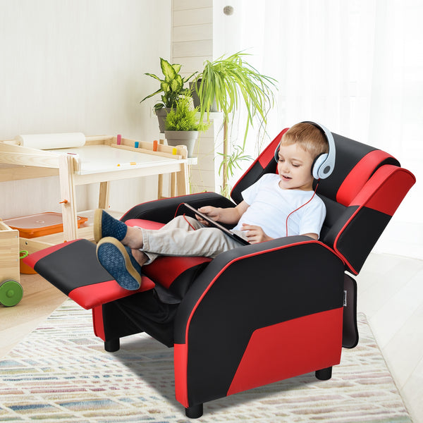 Kids PU leather gaming sofa recliner with headrest and footrest, perfect for comfortable play and sleep. Angle 22 view.