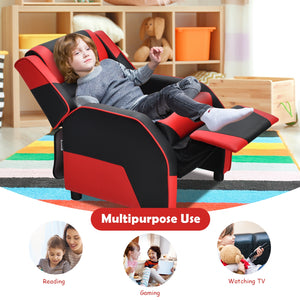 Kids PU leather gaming sofa recliner with headrest and footrest, perfect for comfortable play and sleep. Angle 21 view.
