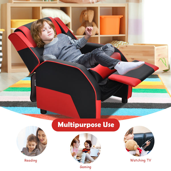 Kids PU leather gaming sofa recliner with headrest and footrest, perfect for comfortable play and sleep. Angle 21 view.