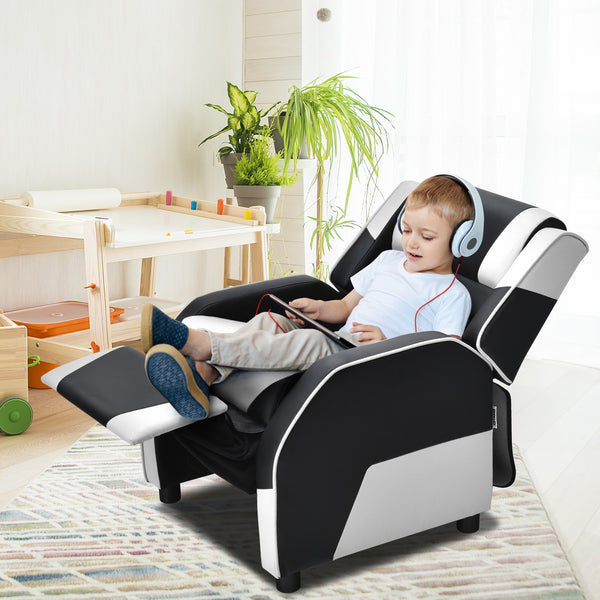 Kids PU leather gaming sofa recliner with headrest and footrest, perfect for comfortable play and sleep. Angle 15 view.