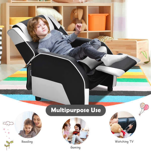 Kids PU leather gaming sofa recliner with headrest and footrest, perfect for comfortable play and relaxation.