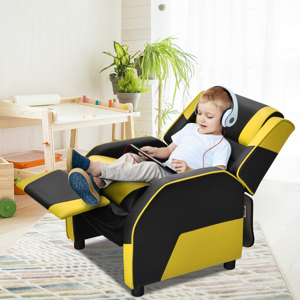 Kids PU leather gaming sofa recliner with headrest and footrest, perfect for comfortable play and sleep.