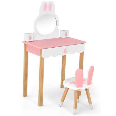 Kids Rabbit Vanity Set with Mirror and Drawer - Adorable Makeup Dressing Table and Chair for Little Ones.