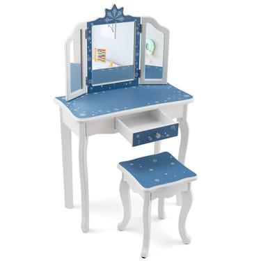 Princess Vanity Table and Chair Set with Tri-Folding Mirror and Snowflake Print for kids' furniture.