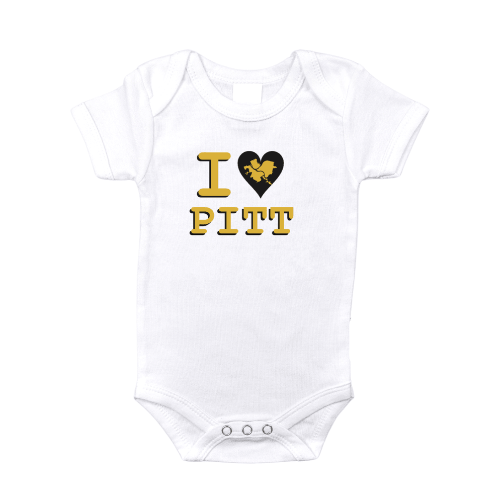 I LOVE PITT Pittsburgh short sleeve baby onesie in black with white lettering. Perfect for little fans!
