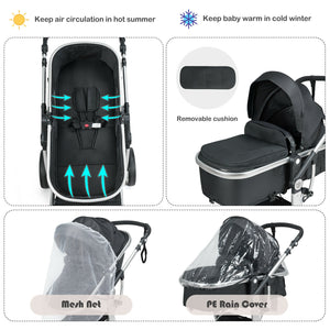 Folding aluminum infant stroller with diaper bag, reversible design, viewed from angle 24. Perfect for travel and convenience.