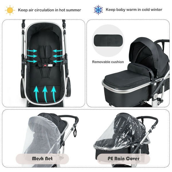 Folding aluminum infant stroller with diaper bag, reversible design, viewed from angle 24. Perfect for travel and convenience.