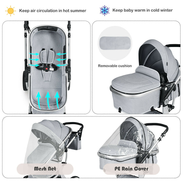 Folding aluminum infant stroller with reversible seat and diaper bag, shown at angle 16. Perfect for travel and convenience.