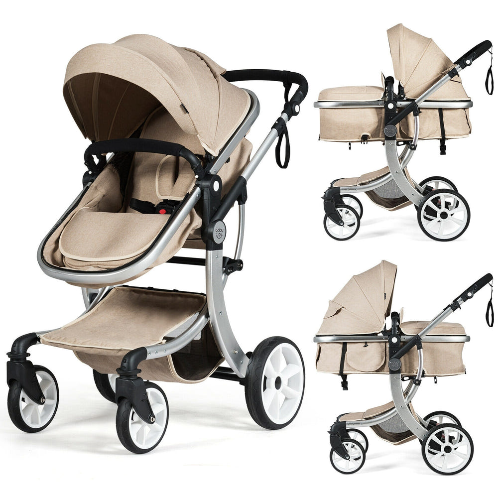 Folding aluminum infant stroller with reversible seat and diaper bag, perfect for travel and convenience.