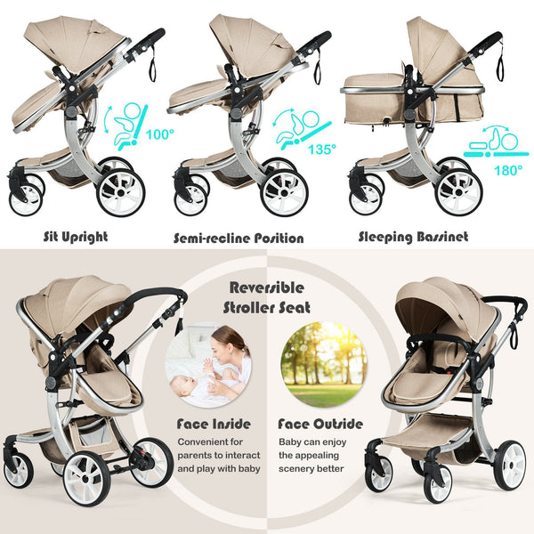 Folding aluminum infant stroller with reversible seat and diaper bag, shown at angle 8 for stylish travel convenience.