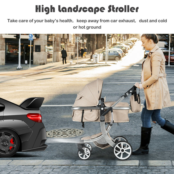 Folding aluminum infant stroller with diaper bag, reversible design, shown at angle 7 for stylish travel convenience.