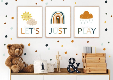 "Let's Just Play Sunshine Rainbow Clouds Playroom Set - Luster Paper Nursery Wall Art Prints for kids' decor."