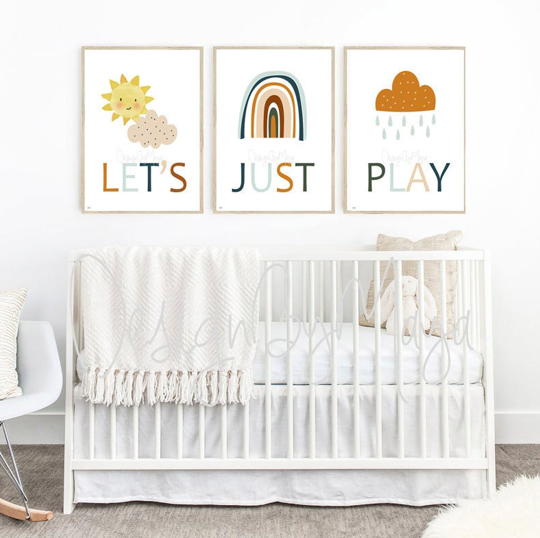 "Let's Just Play Sunshine Rainbow Clouds Playroom Set - Luster Paper Nursery Wall Art Prints for kids' decor."