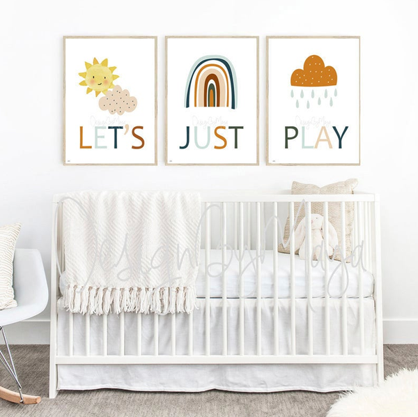"Let's Just Play" - Sunshine, Rainbow, Clouds Playroom Set - Luster Paper Nursery Wall Art Prints