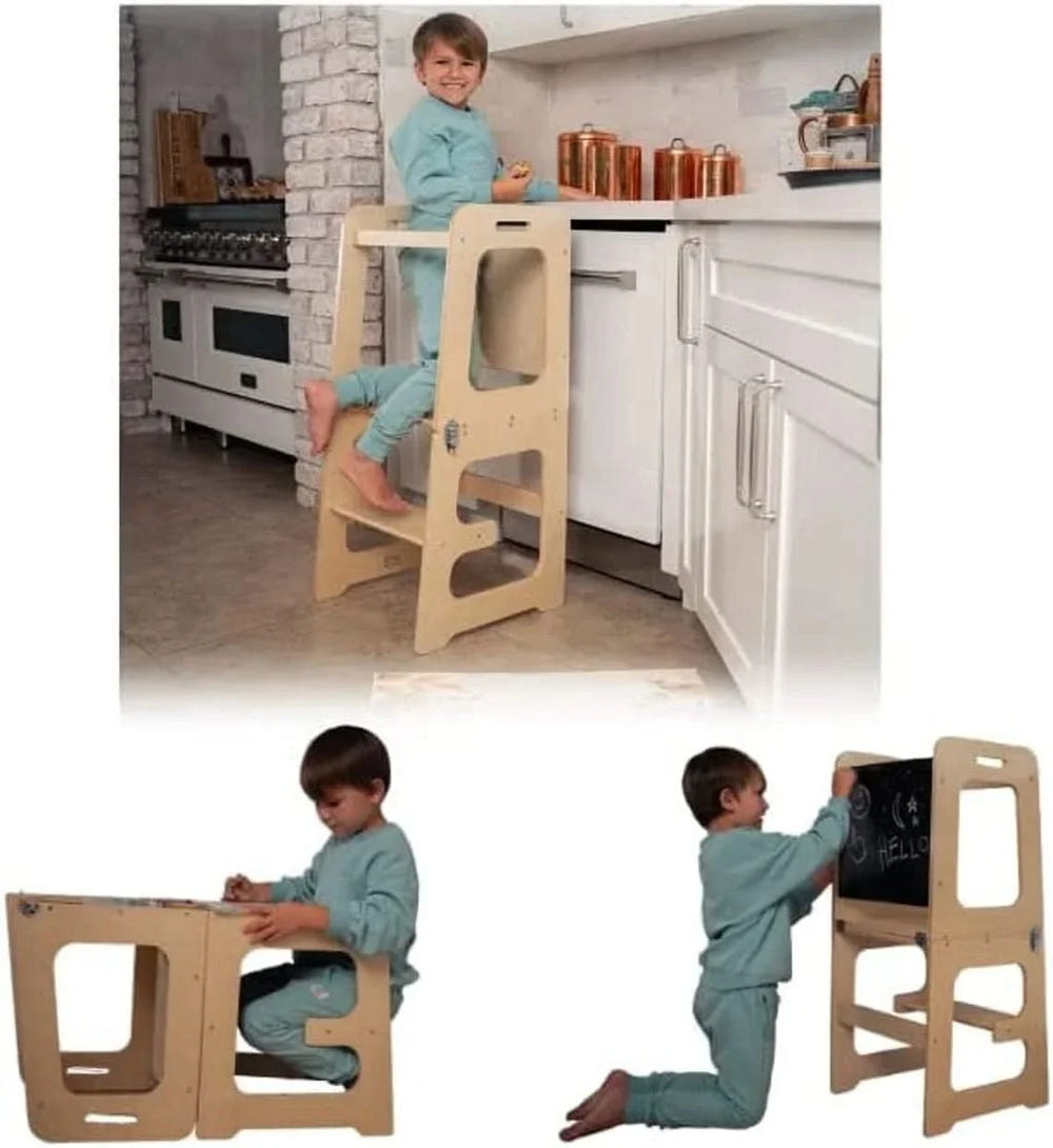4-in-1 Kitchen Tower & Desk for babies, perfect for indoor play and learning activities.