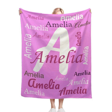 Your Letter and Name - Personalized Name Blanket: Pink & White Flannel Fleece Throw