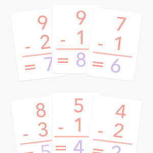 Basic subtraction flashcards for kids, featuring colorful designs and engaging visuals, perfect for early learning activities.