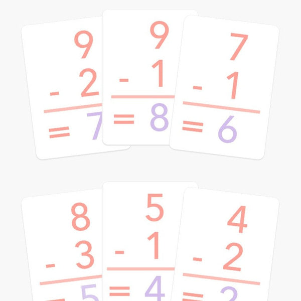 Basic subtraction flashcards for kids, featuring colorful designs and engaging visuals, perfect for early learning activities.