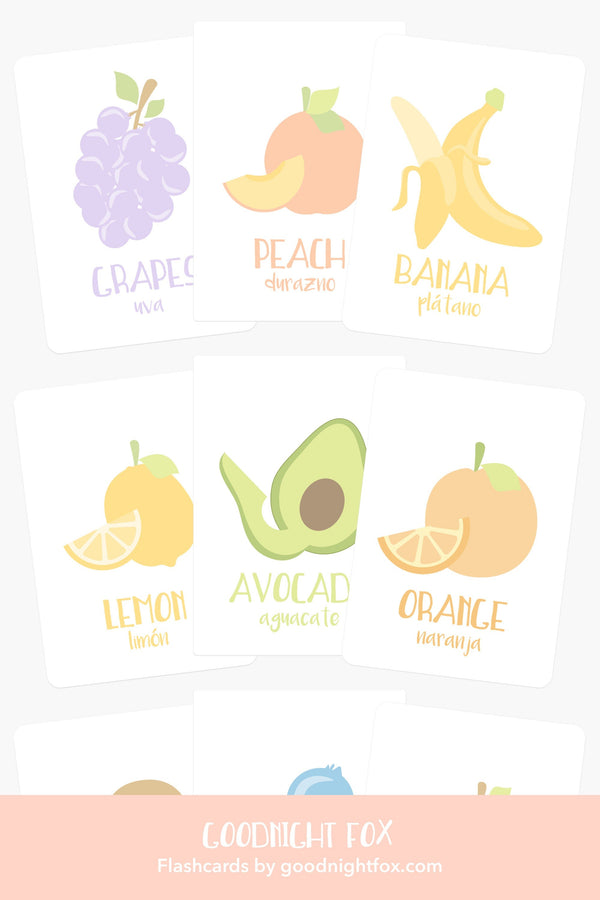Colorful fruit flashcards for babies, promoting early learning and sensory play. Angle 3 view.