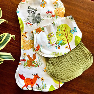 Vintage Animals Burp Cloth Set of 2 in Green - Soft, absorbent baby essentials for mess-free feeding.