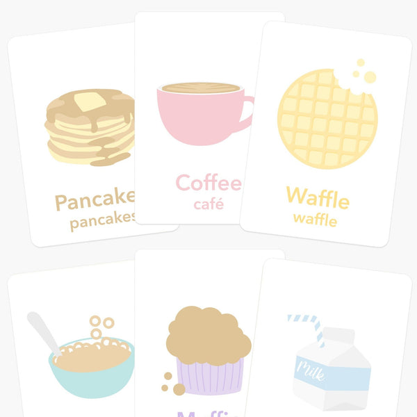 Colorful breakfast flashcards for babies, promoting early learning and sensory play.
