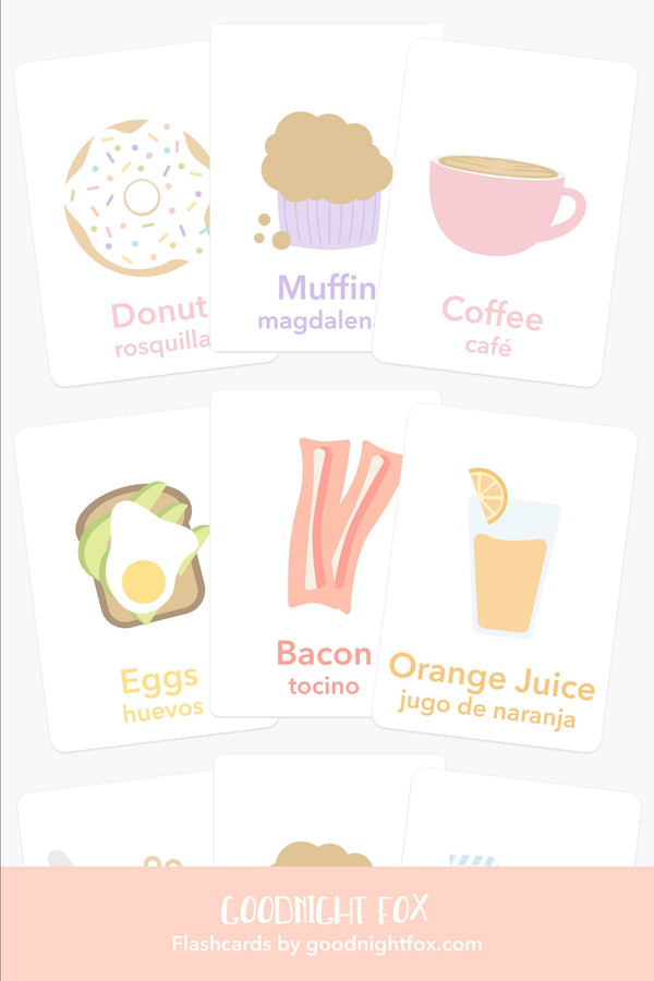 "Colorful breakfast flashcards for early learning and sensory play, showcasing fun food images for babies."