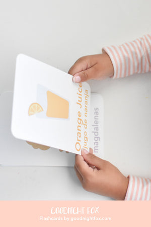 Colorful breakfast flashcards for early learning and sensory play, showcasing fun food images for babies and toddlers.