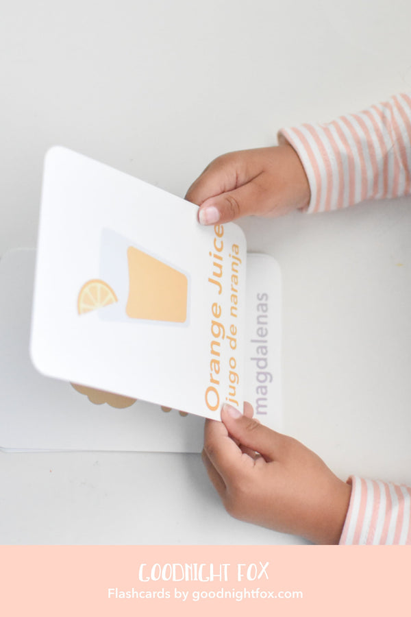 Colorful breakfast flashcards for early learning and sensory play, showcasing fun food images for babies and toddlers.