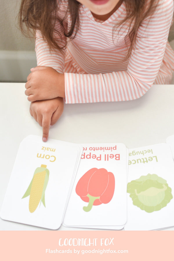 "Colorful vegetable flashcards for babies, promoting learning and play in a stylish furniture setting."