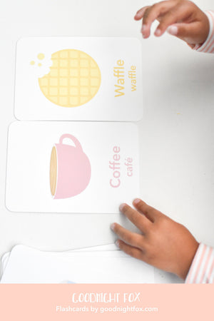 "Colorful breakfast flashcards for early learning and sensory play, featuring engaging food illustrations for babies."