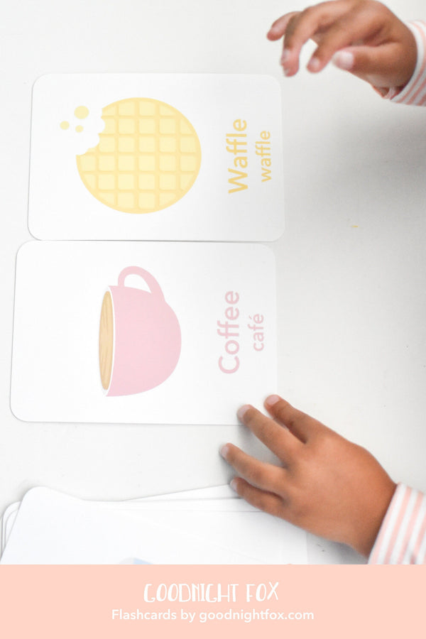 "Colorful breakfast flashcards for early learning and sensory play, featuring engaging food illustrations for babies."