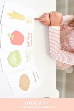 "Colorful vegetable flashcards for babies, enhancing learning and playtime in a stylish furniture setting."