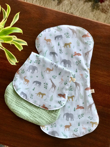 Baby Animals Cotton Burp Cloth Set of 2 in Mint Green - Soft, absorbent, and perfect for feeding time.