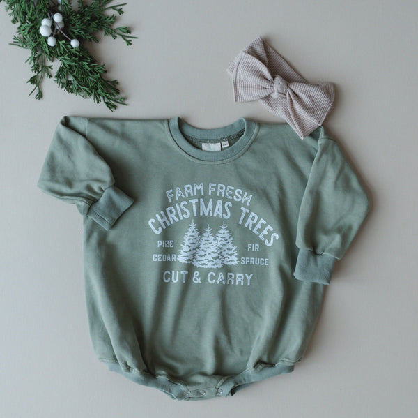 Farm Fresh Christmas Trees Sweatshirt Romper - Sage